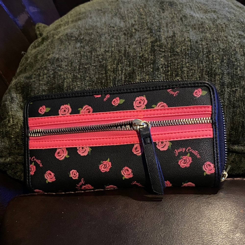 Juicy Couture Black Wallet with Pink Rose Design